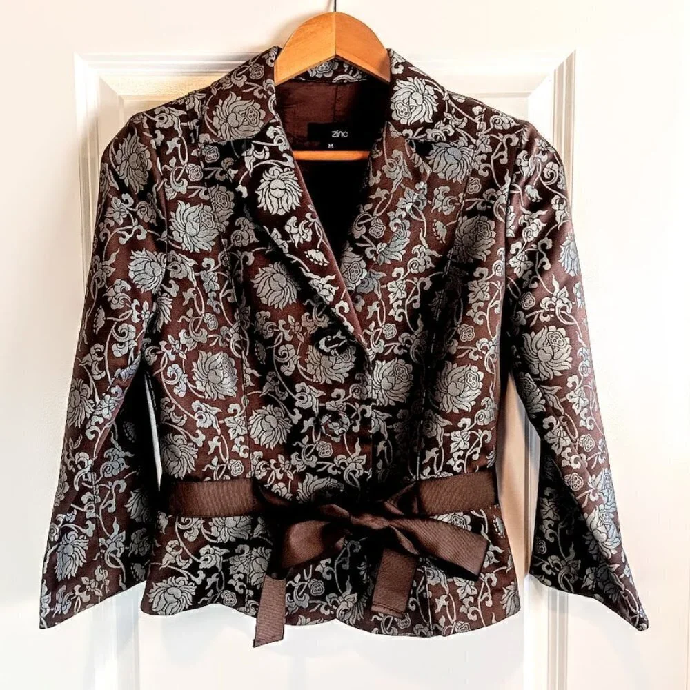 Zinc Brown Blue Floral Jacquard Tie Waist Blazer